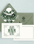 The Dragon Monogrammed Notecards with Lined Envelopes - Green & Ecru