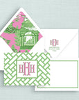 The Ming Pink & Green Monogrammed Notecards with Lined Envelopes