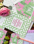 The Ming Pink & Green Monogrammed Notecards with Lined Envelopes