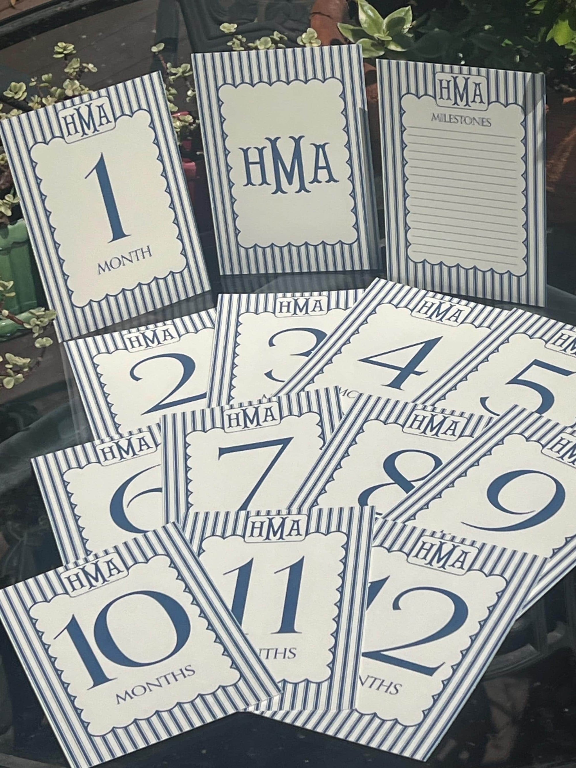 Ticking &amp; Scallop Monogram Baby Boy Milestone Cards - Navy
