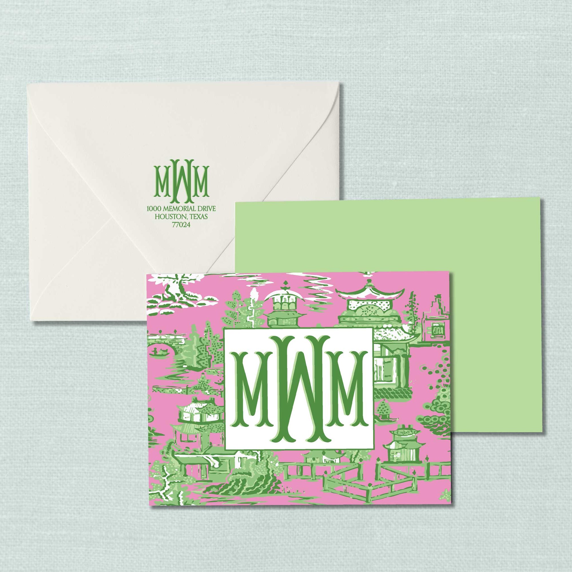 The Ming Pink &amp; Green Monogram Notecard