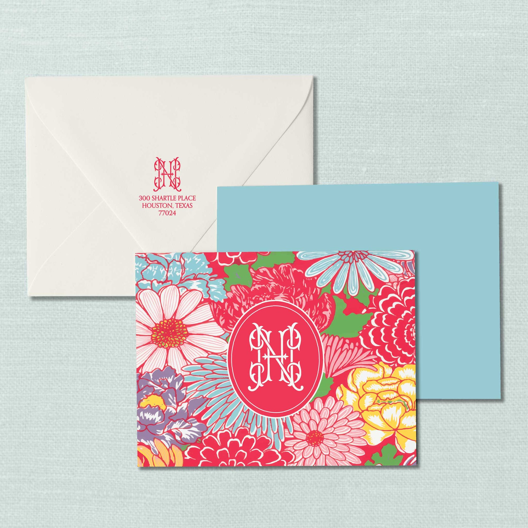 The Summer Floral Duogram Monogram Notecard