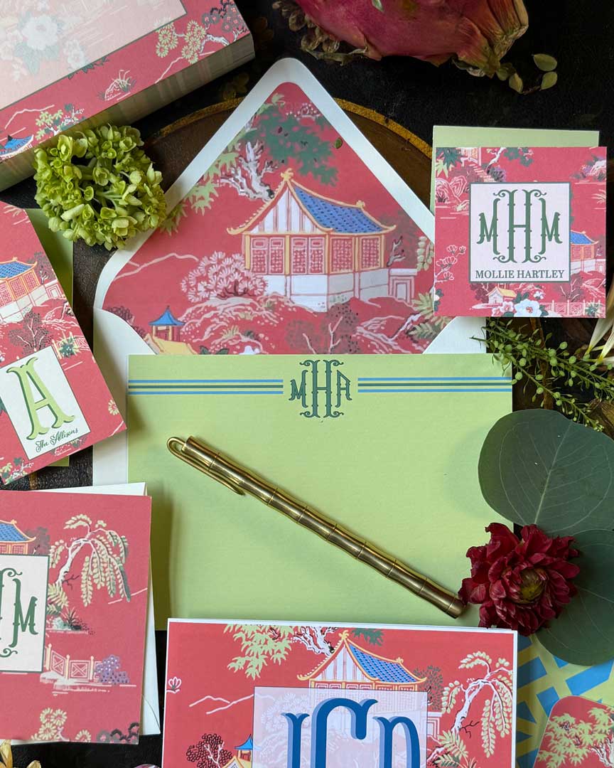 The Aimee Pagoda Personalized Notecards with Lined Envelopes