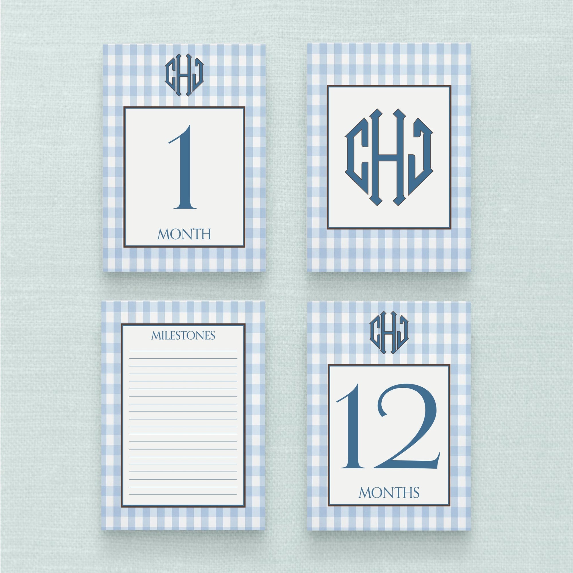 Gingham Baby Monogram Milestone Cards - Blue
