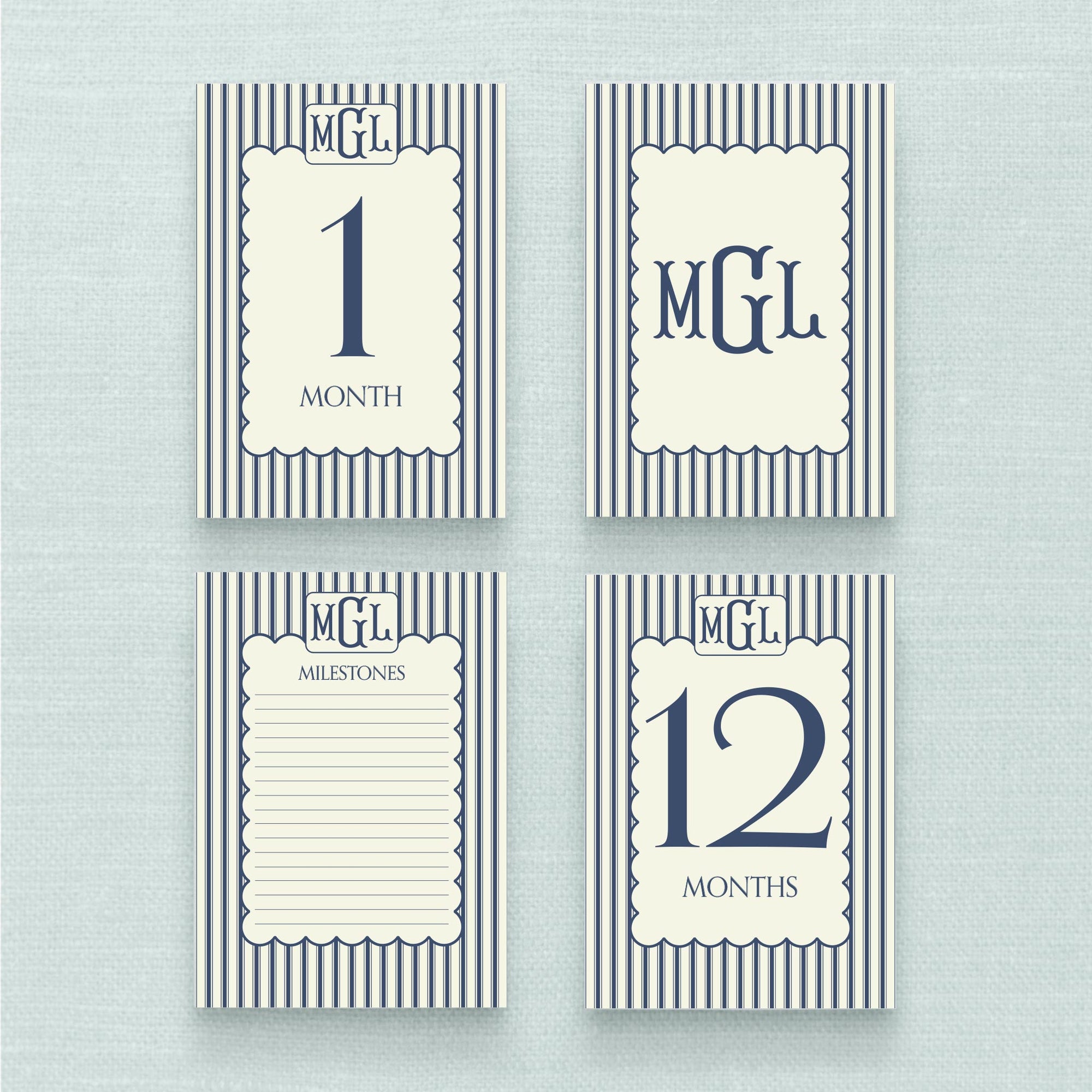 Ticking &amp; Scallop Monogram Baby Boy Milestone Cards - Navy