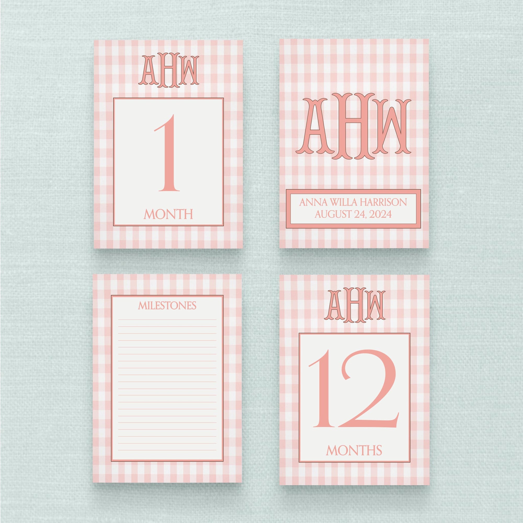 Gingham Monogram Baby Milestone Cards - Pink