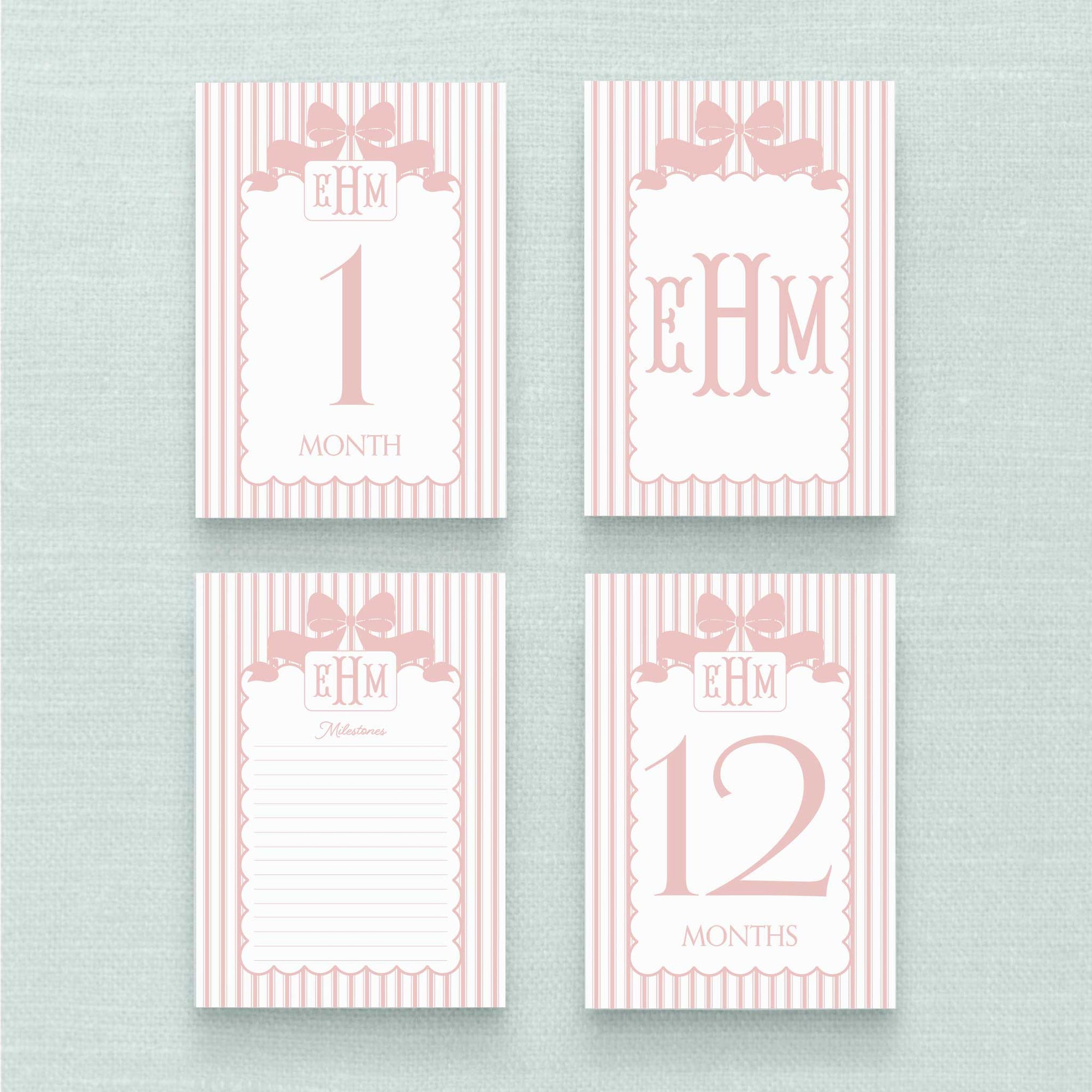 Ticking &amp; Scallop Monogram Baby Girl Milestone Cards - Pink