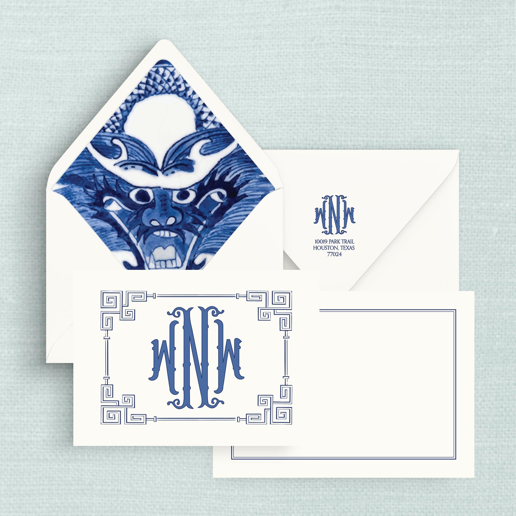 The Dragon Monogrammed Notecards with Lined Envelopes - Blue &amp; White