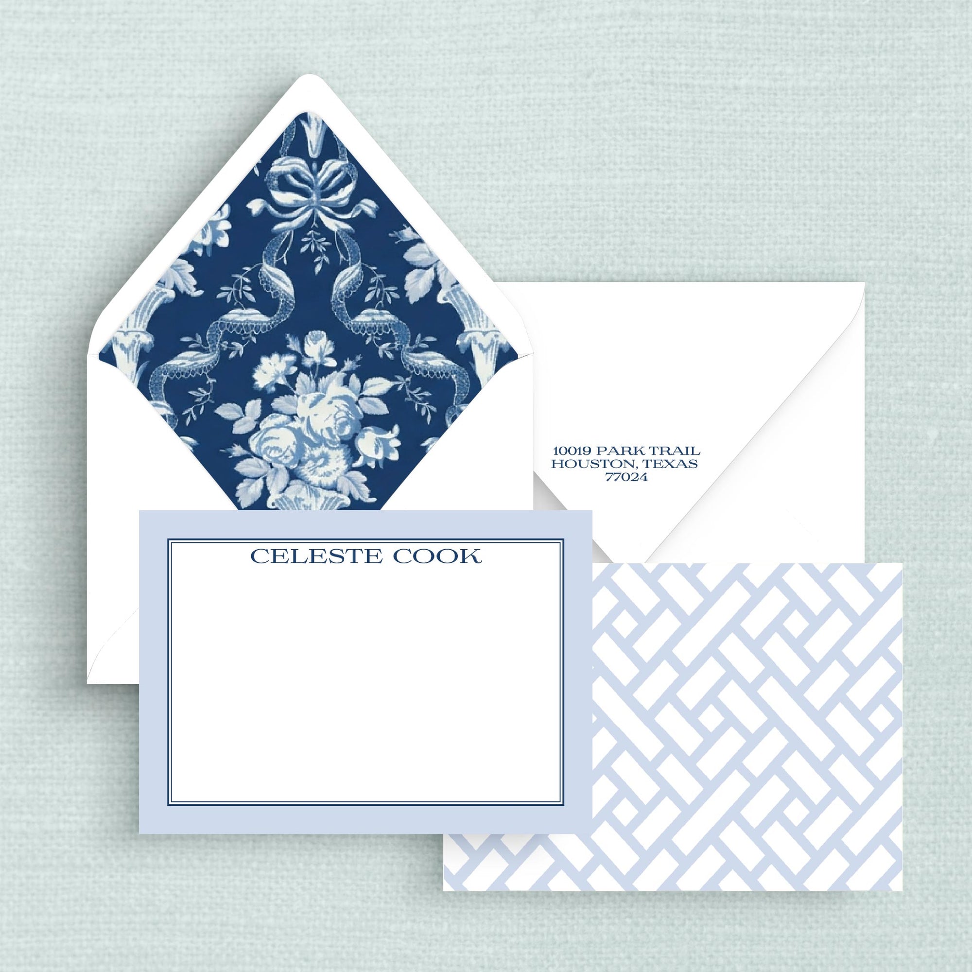 The Celeste Blue &amp; White Personalized Notecards with Lined Envelopes
