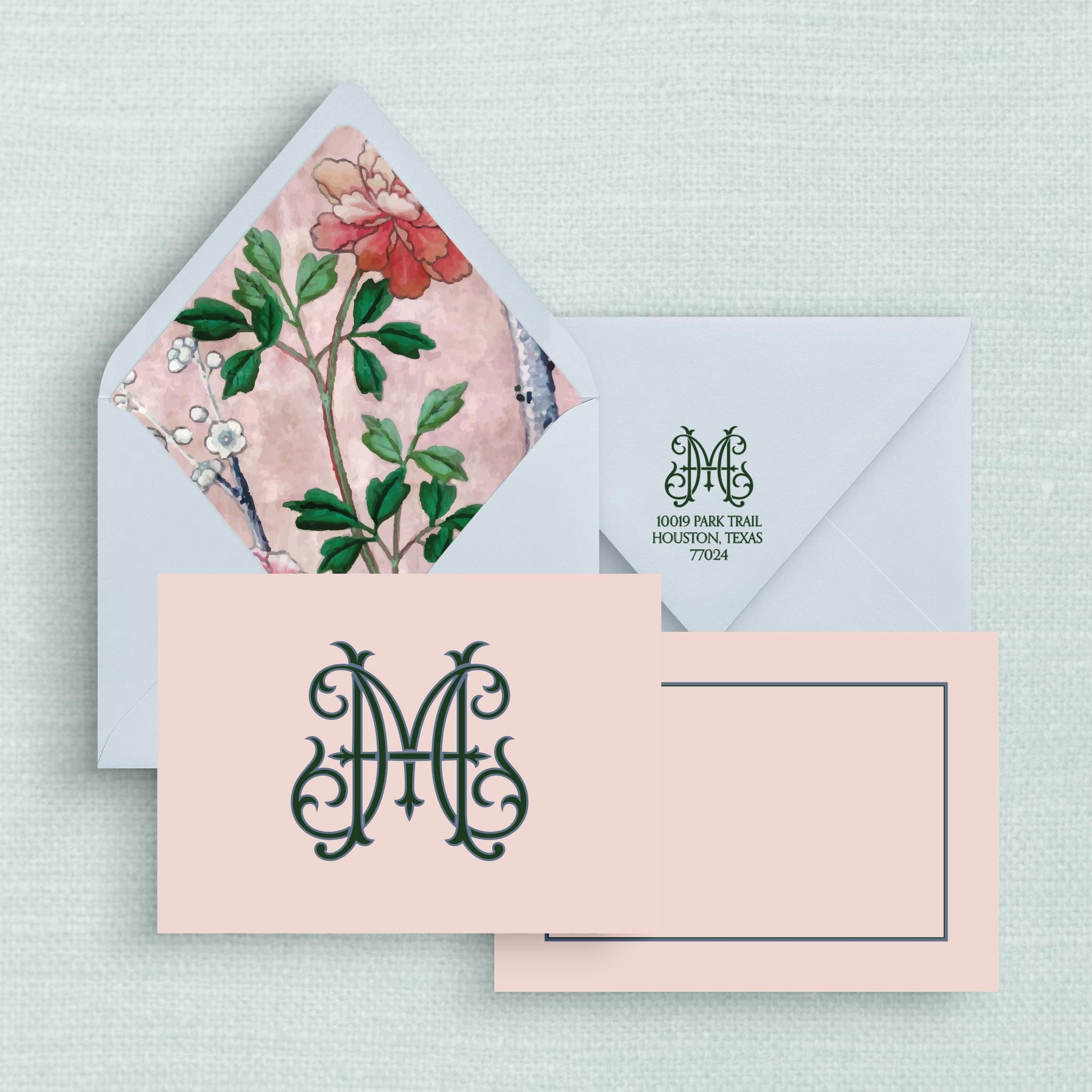 The Cherry Orchid Duogram Personalized Notecards with Lined Envelopes