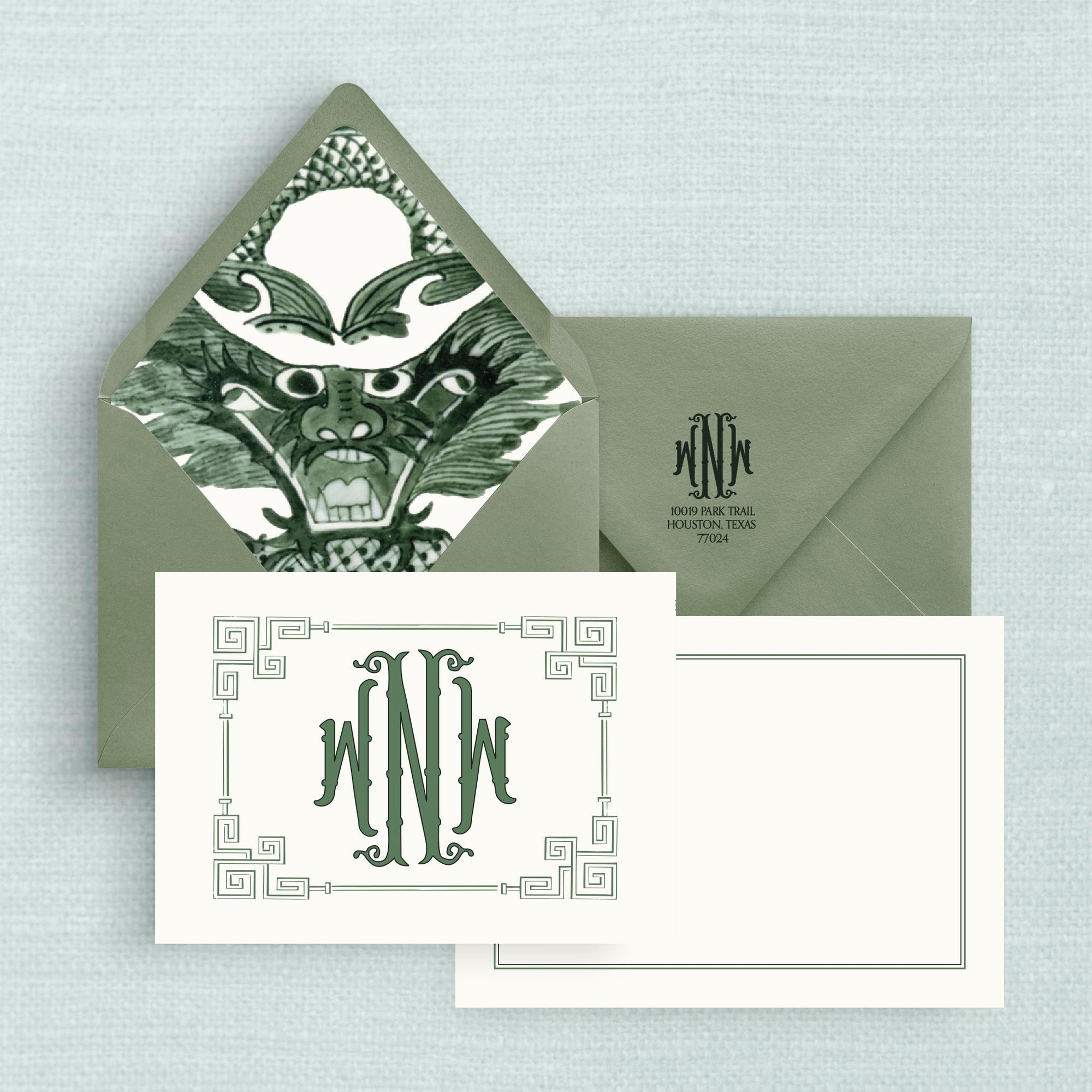 The Dragon Monogrammed Notecards with Lined Envelopes - Green &amp; Ecru