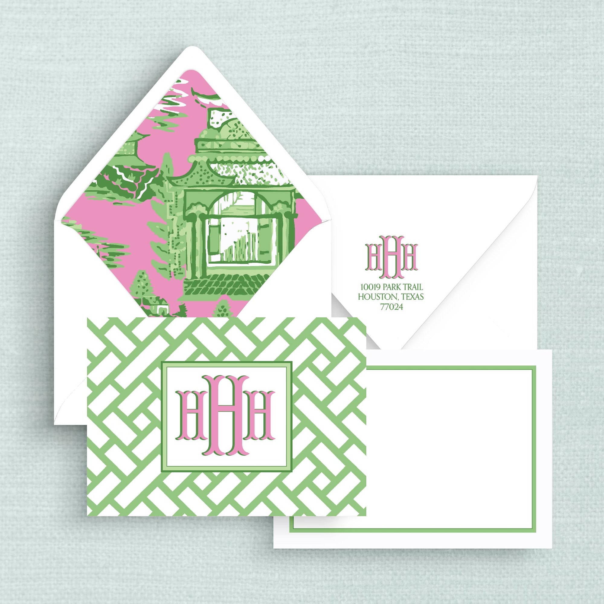 The Ming Pink &amp; Green Monogrammed Notecards with Lined Envelopes