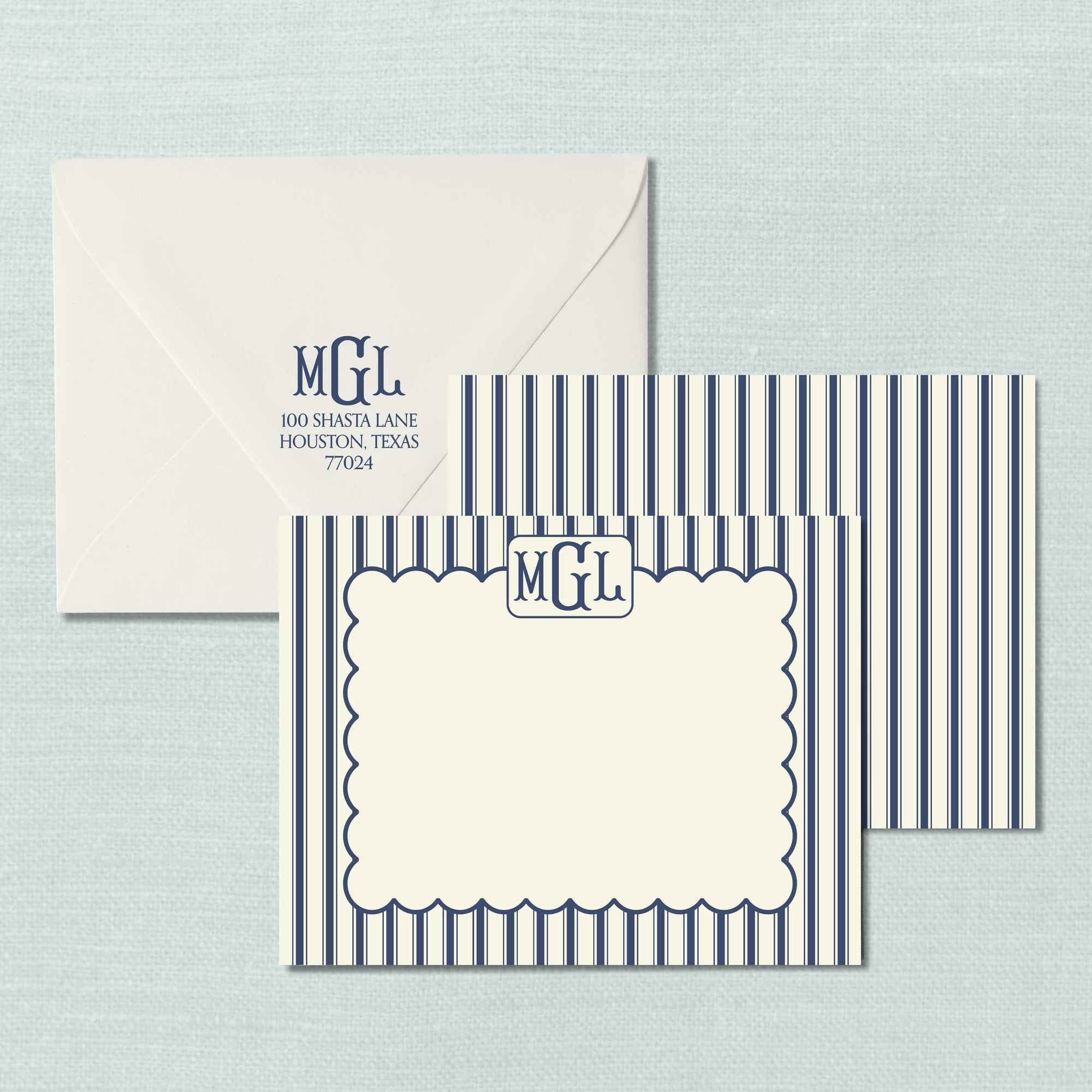 The Ticking &amp; Scallop Monogrammed Notecard - Navy