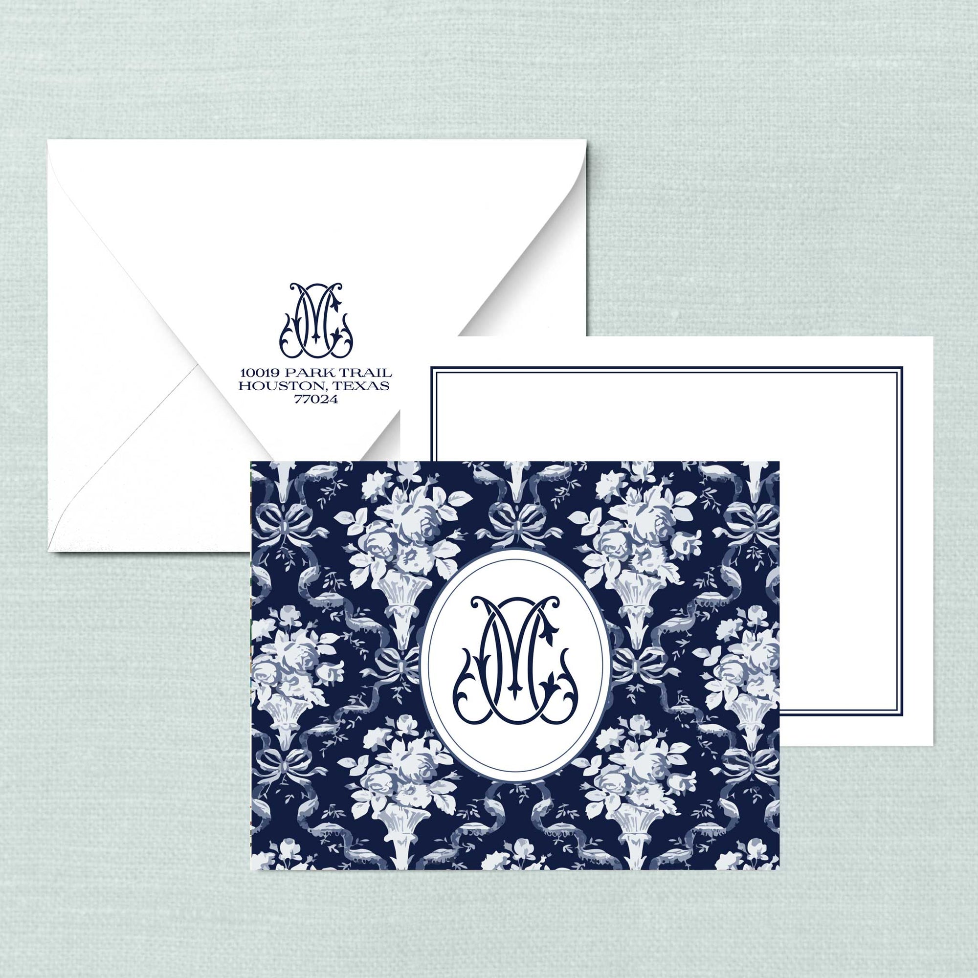 The Celeste Blue &amp; White Duogram Monogram Notecards