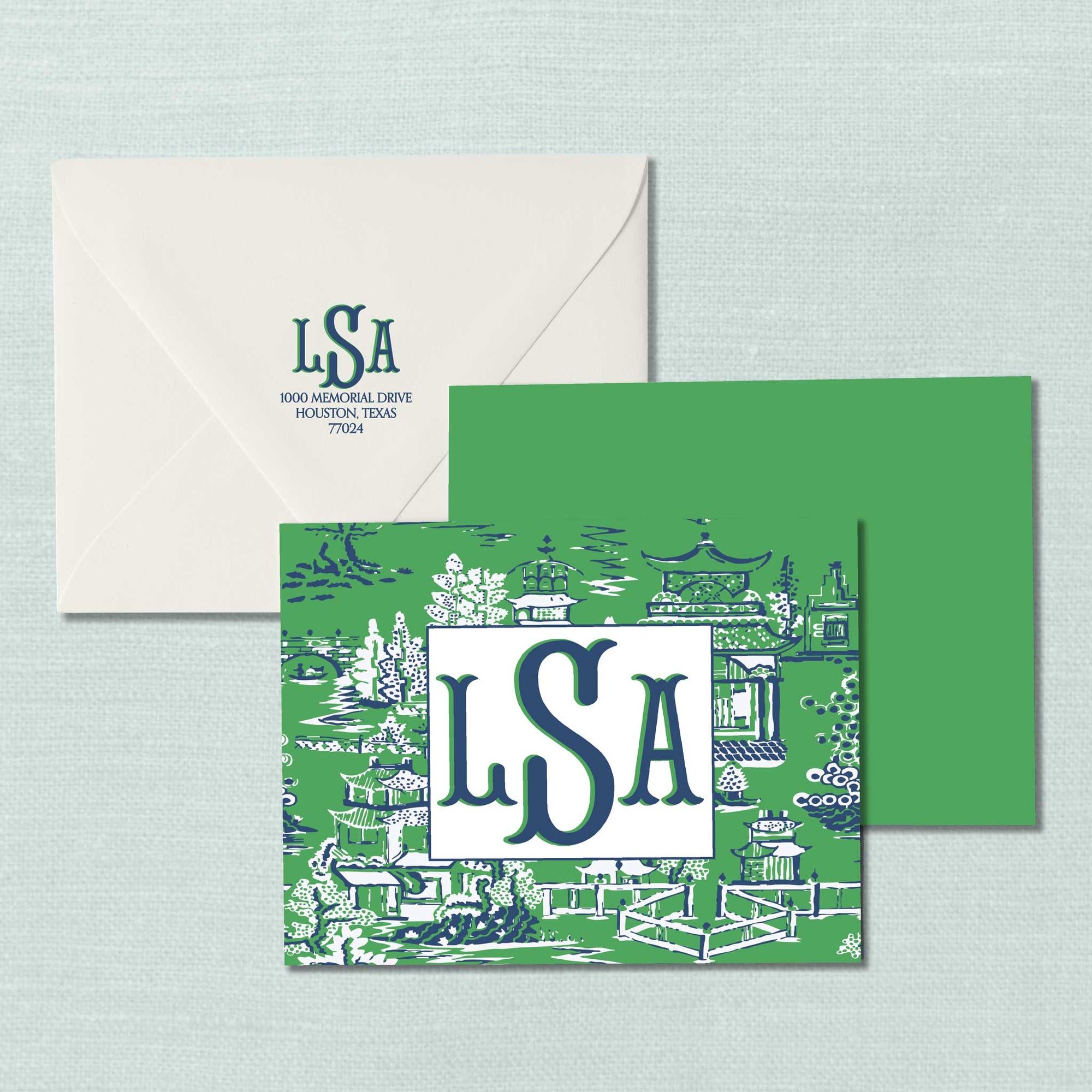 The Ming Green &amp; Navy Monogram Notecard