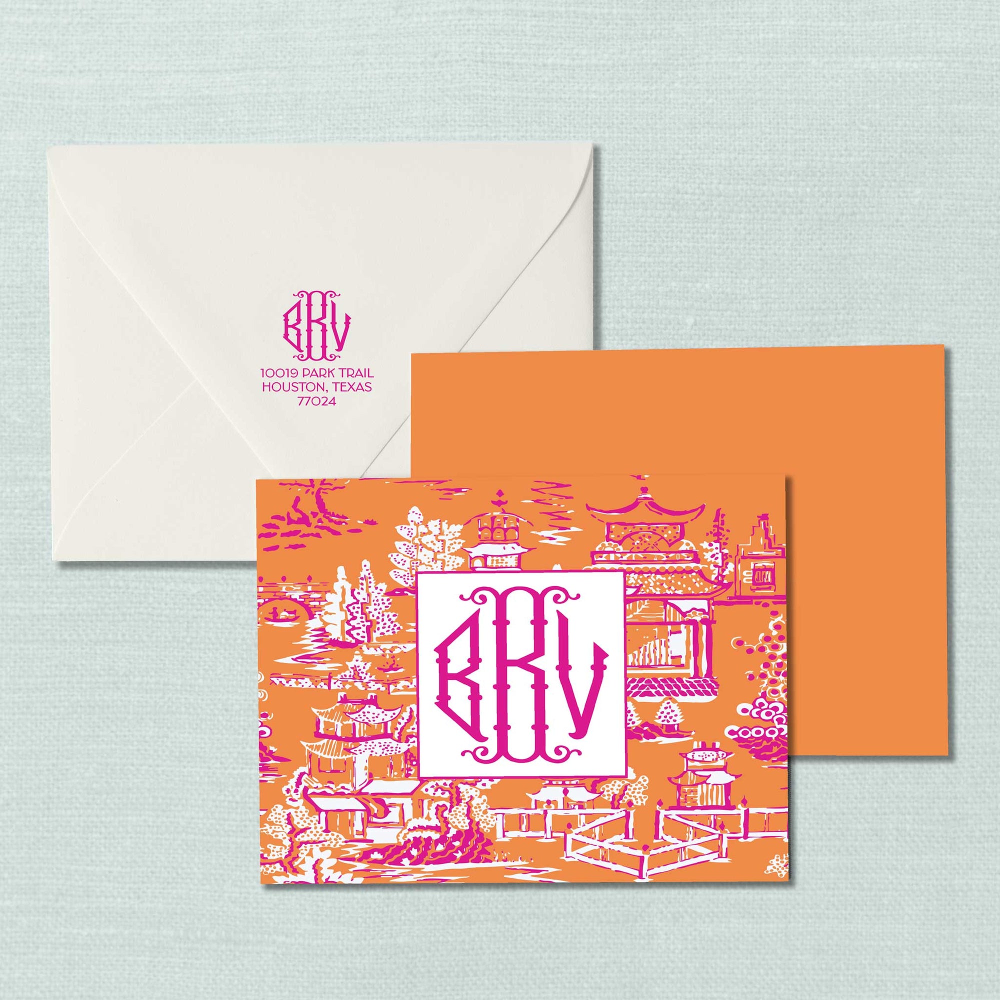 The Ming Orange &amp; Hot Pink Monogram Notecard