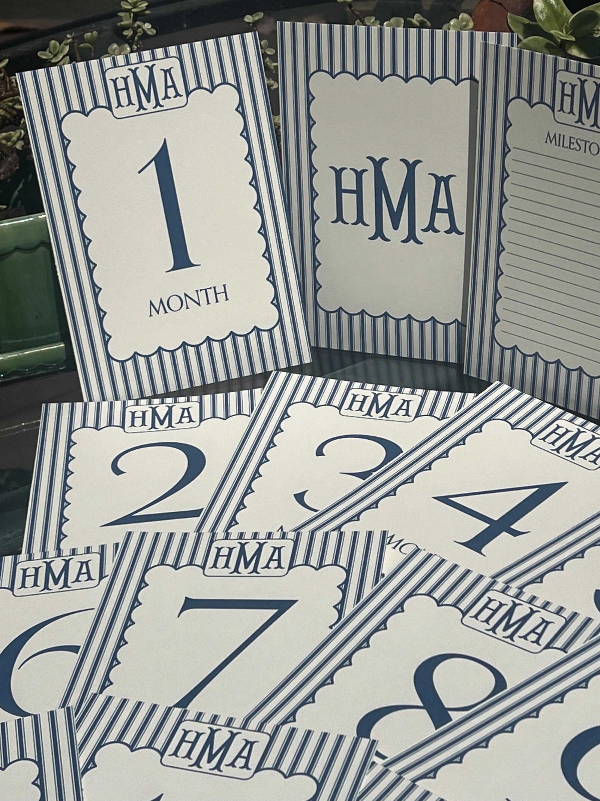 Ticking &amp; Scallop Monogram Baby Boy Milestone Cards - Navy